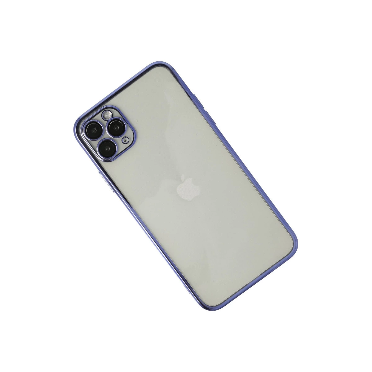 Üç kameralı iPhone'un arkası, mavi çerçeveli.