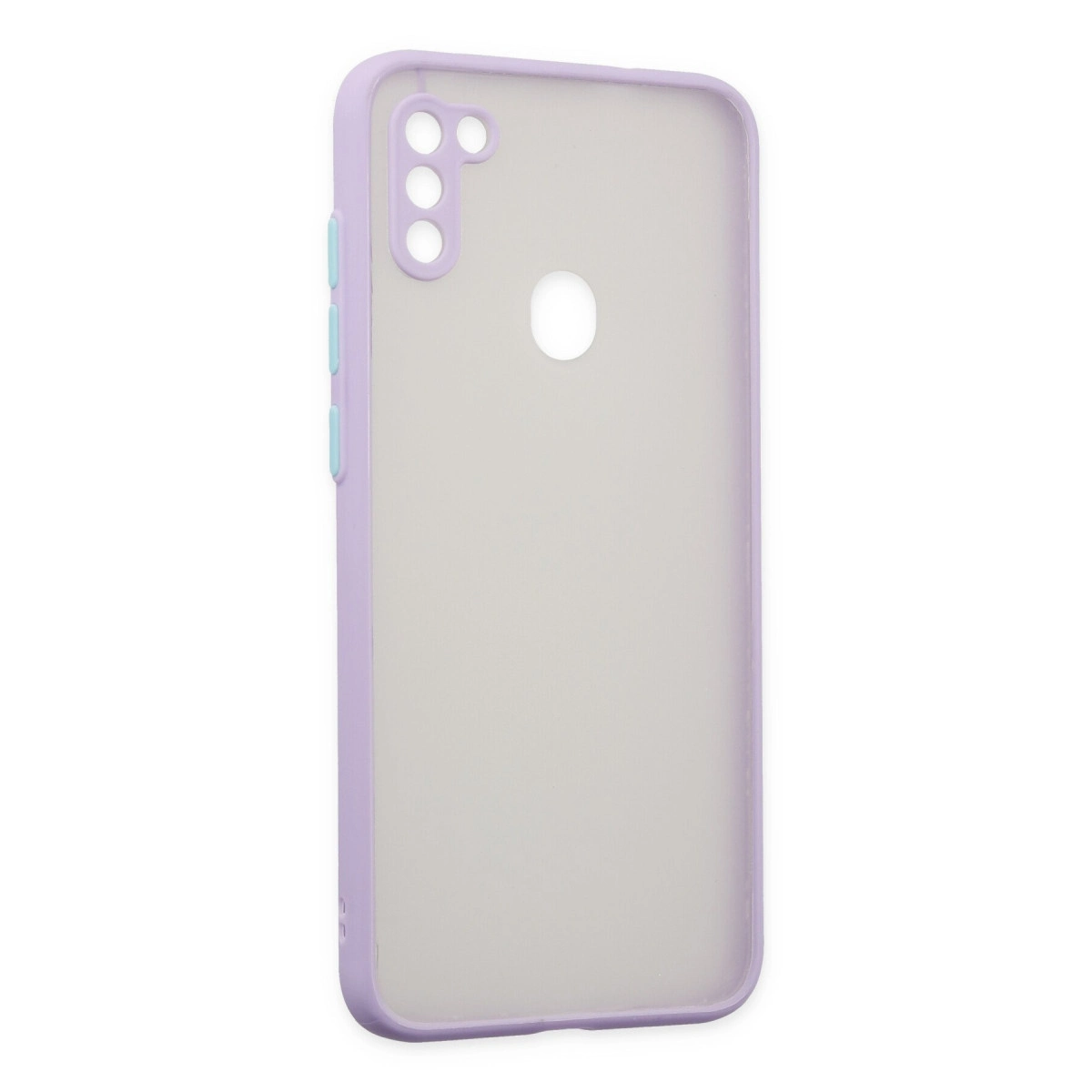 Kamera ve parmak izi sensörü için kesikli açık mor telefon kılıfı.