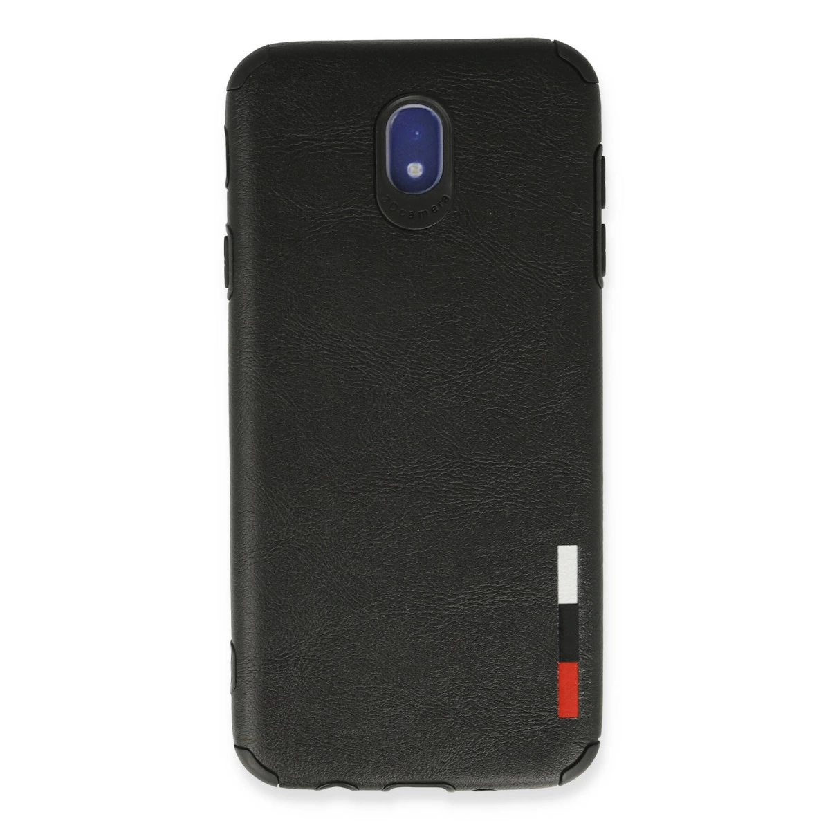 Kamera kesimli siyah telefon kılıfı ve üç dikey çizgi.