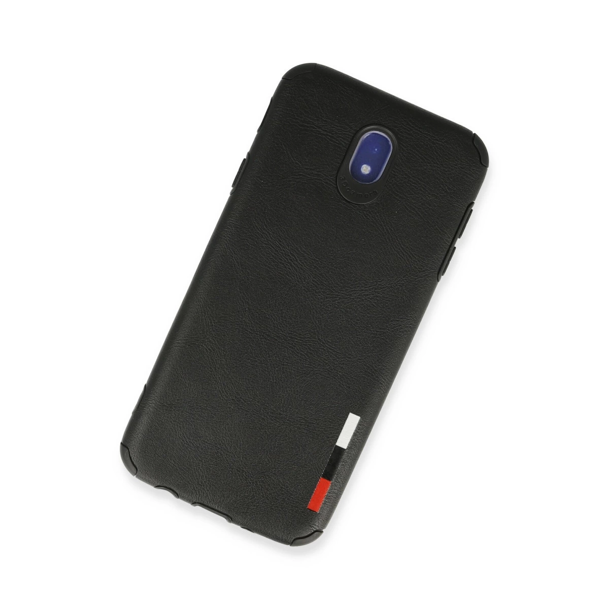 Kamera kesimli, ince kırmızı, beyaz ve mavi şeritli siyah telefon kılıfı.