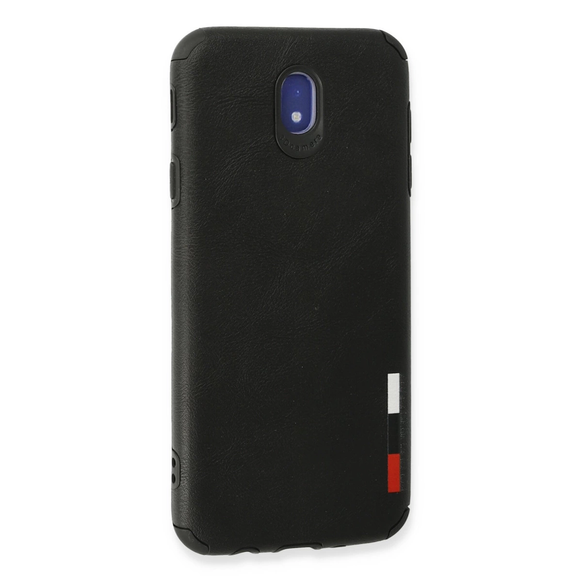 Kamera açıklığı ve beyaz, kırmızı, mavi şeritli siyah telefon kılıfı.