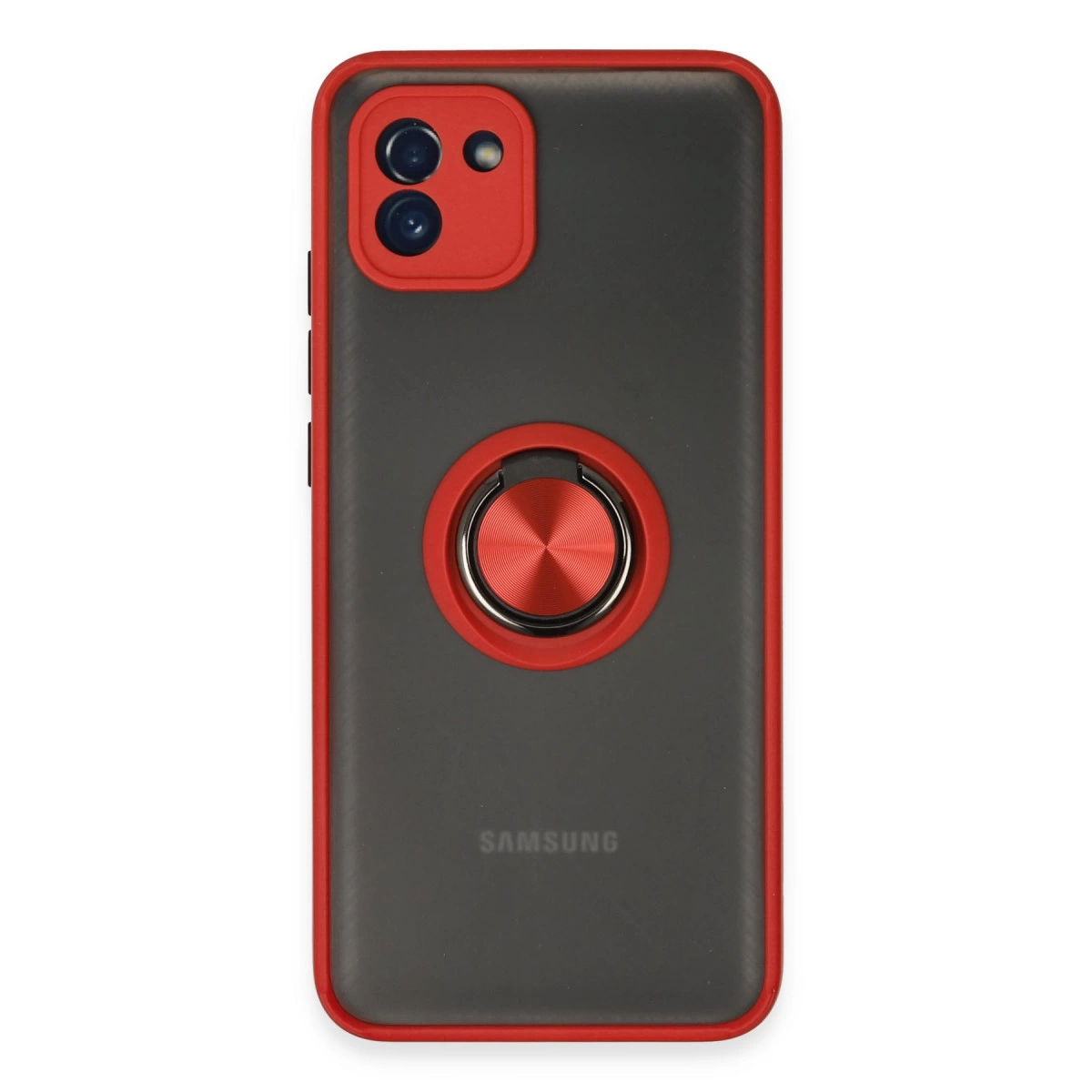 Kırmızı çerçeveli ve halka tutuculu siyah Samsung telefonun arkası.