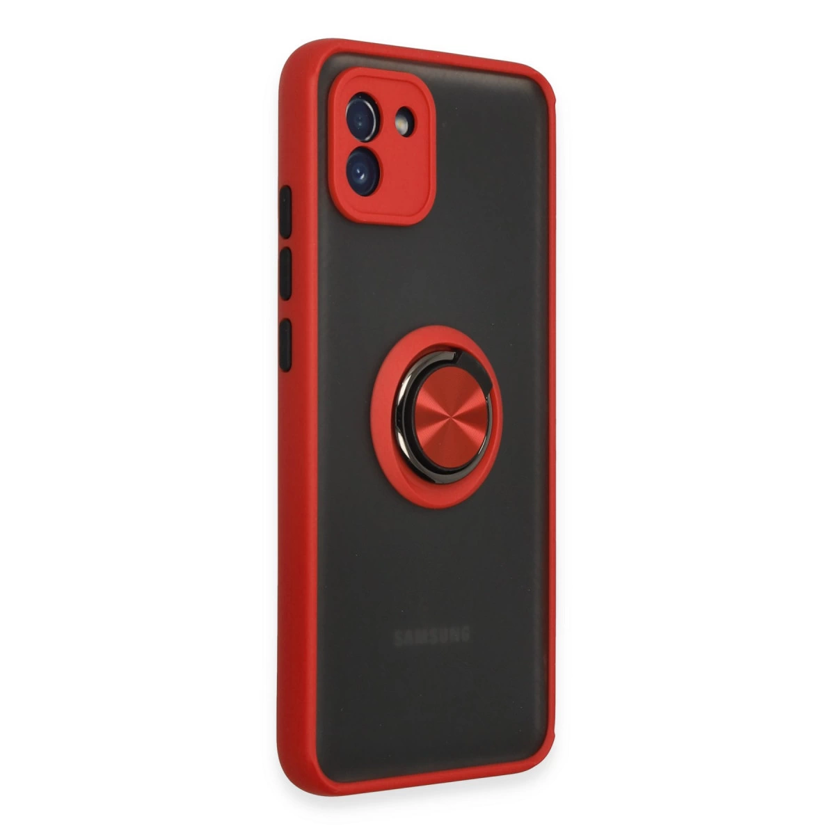 Kırmızı çerçeveli ve halka tutuculu siyah telefon kılıfı.