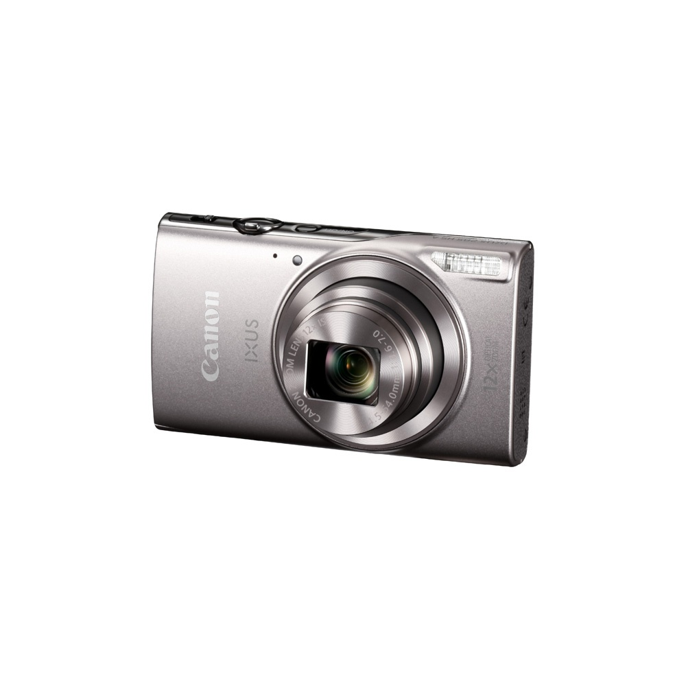 Srebrny aparat cyfrowy Canon IXUS z obiektywem 12x zoom i lampą.