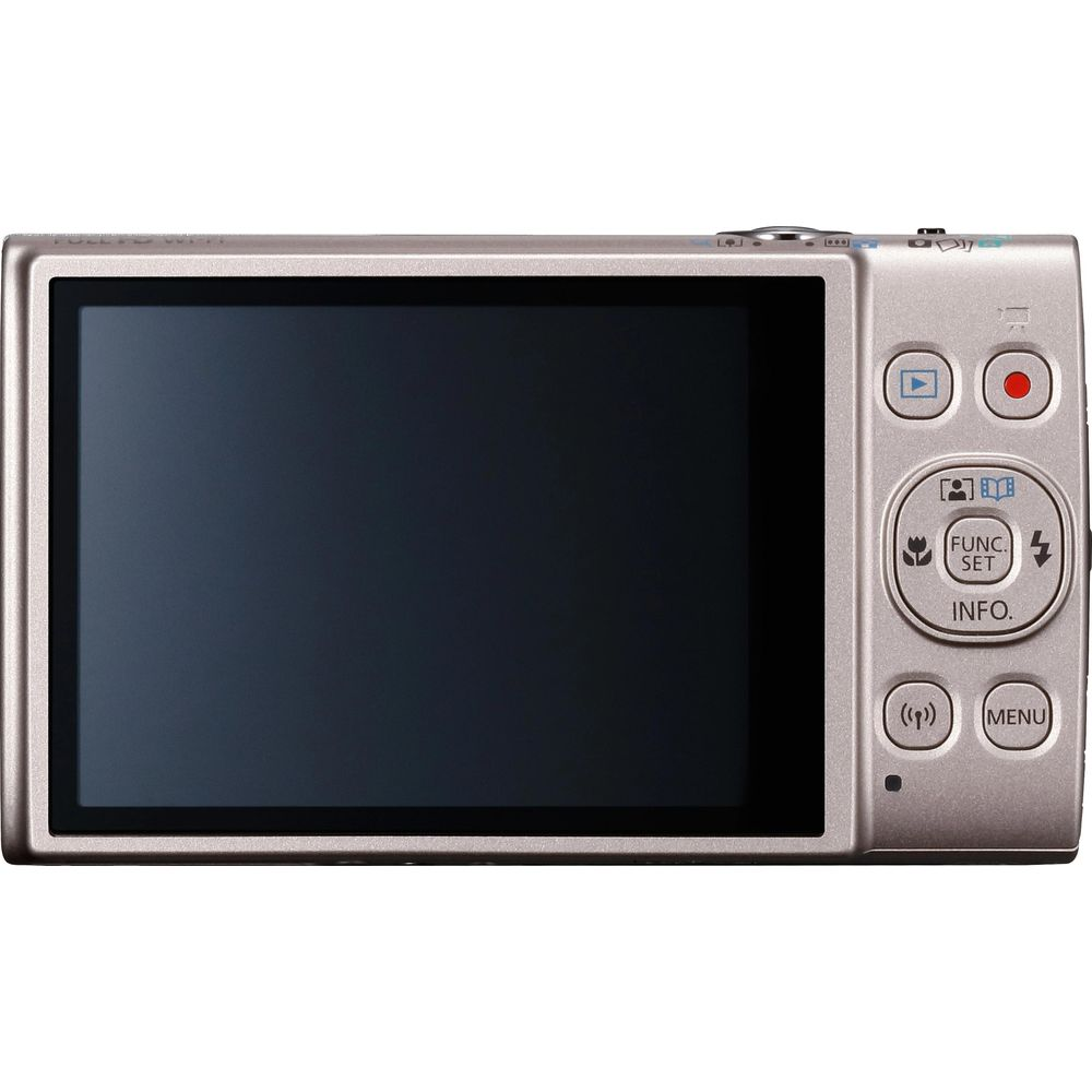 Srebrny aparat cyfrowy z dużym ekranem i przyciskami.