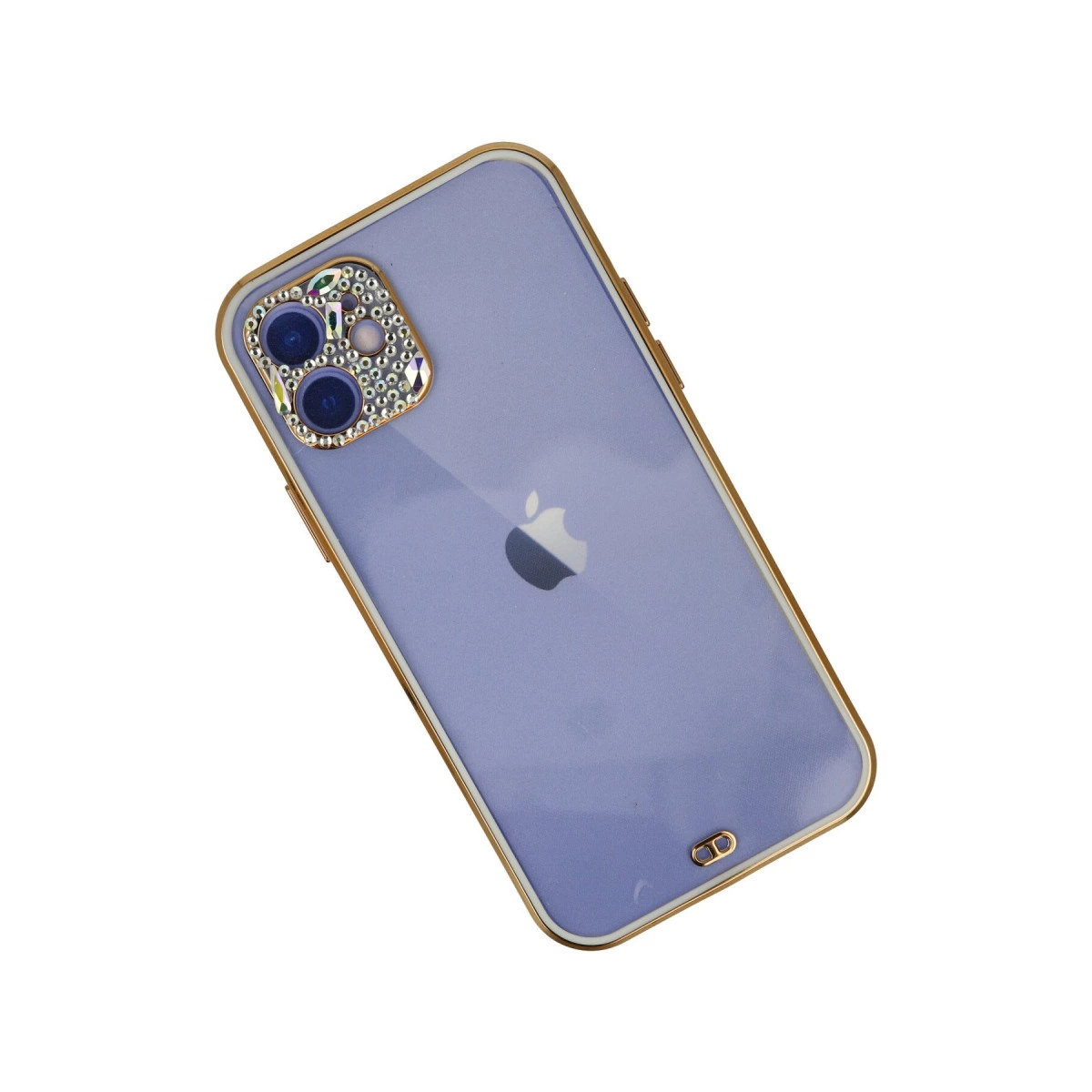 Altın çerçeveli ve kamera çevresinde taşlarla süslü mor iPhone.