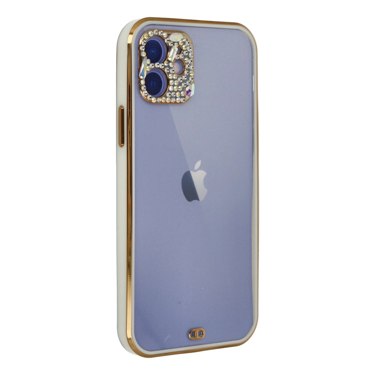 Altın süslemeli ve mücevherli kamera kesimli mor iPhone kılıfı.