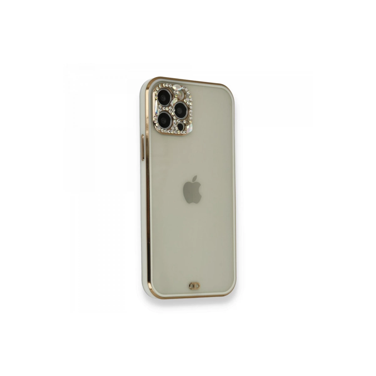 Altın kenarlı beyaz iPhone, kamera lensi etrafında kristal süslemeler.