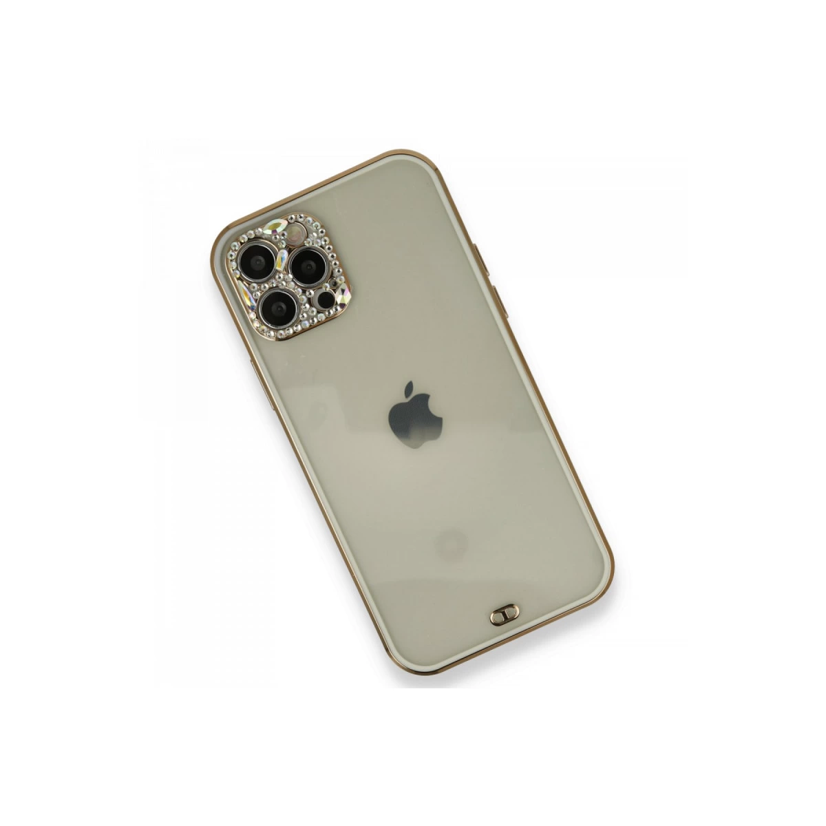 Mücevherli kamerası ve altın kenarlığı olan iPhone, beyaz arka plan üzerinde.