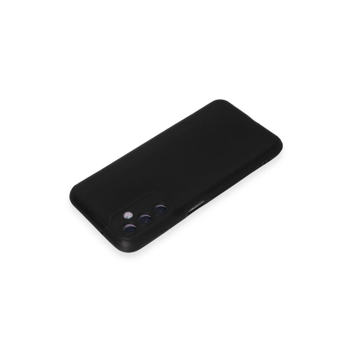 Beyaz arka plan üzerinde kamera modüllü siyah telefon kılıfı.