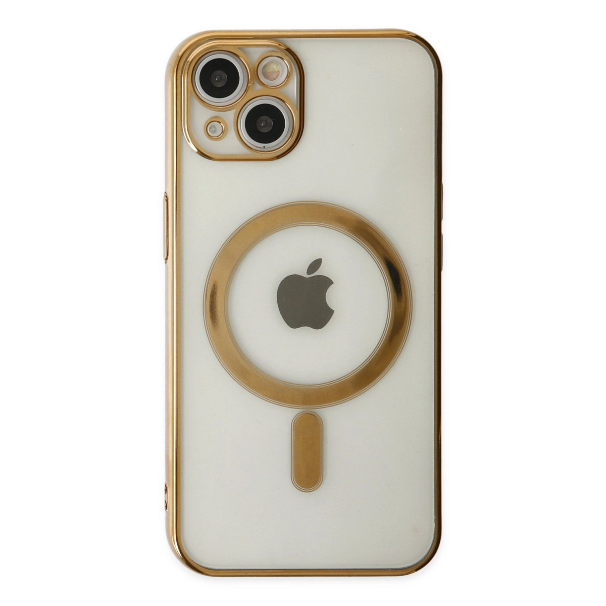 Altın çerçeveli, kamera çerçeveli ve Apple logolu şeffaf telefon kılıfı.