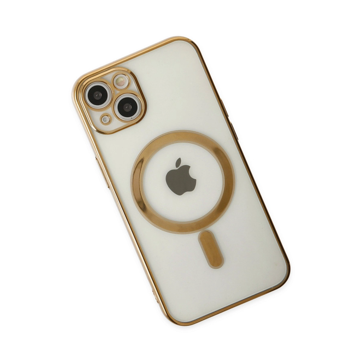 Altın kenarlı ve kamera modüllü beyaz iPhone, Apple logosu bulunur.