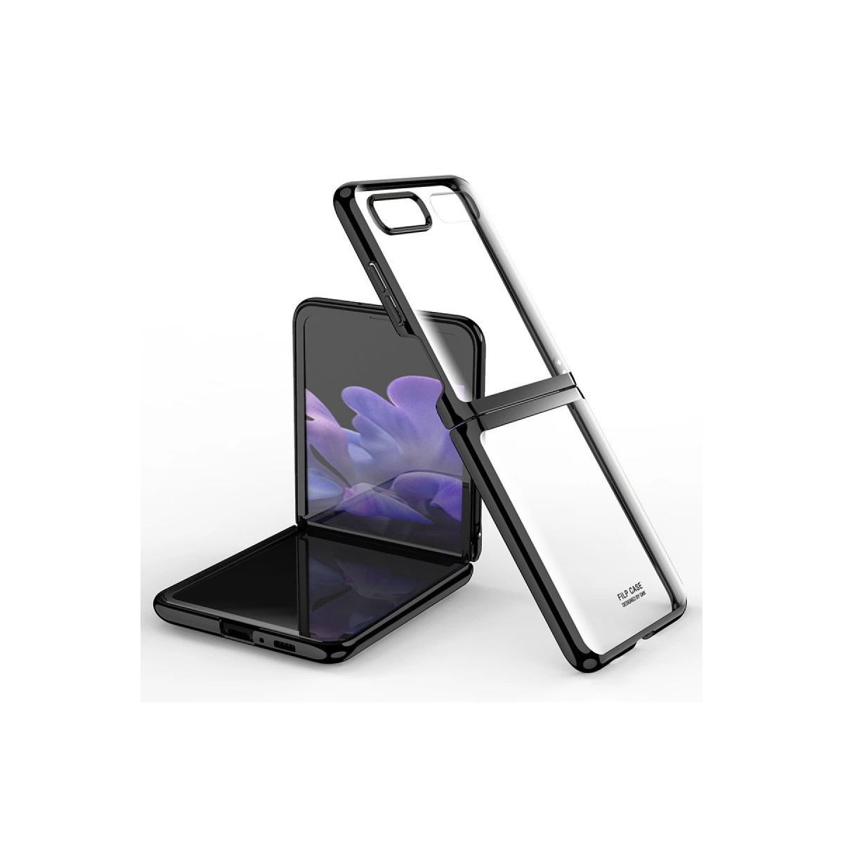 Açık bir akıllı telefonun yanında şeffaf kapaklı telefon kılıfı.