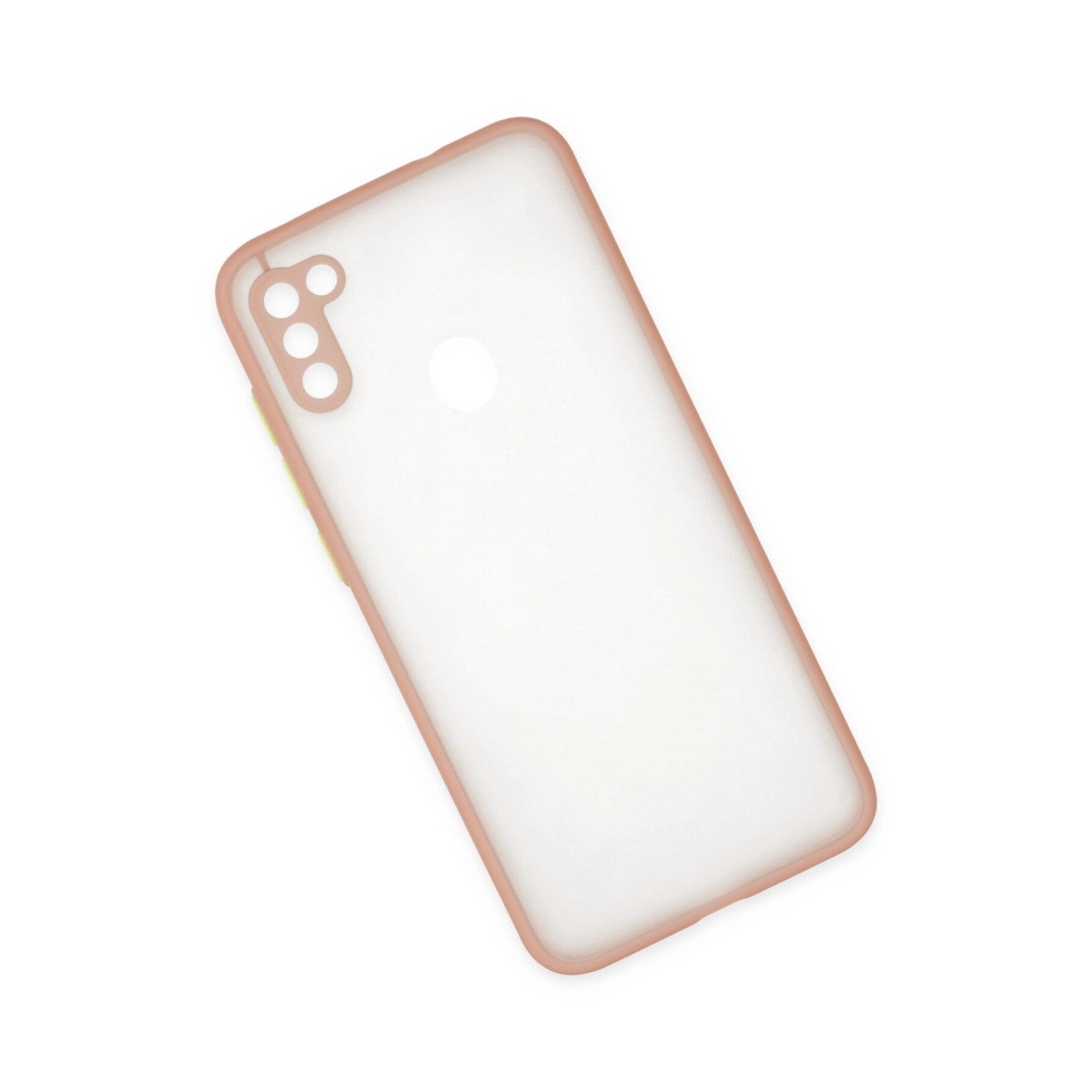 Pembe kenarlı ve kamera kesimli şeffaf telefon kılıfı.