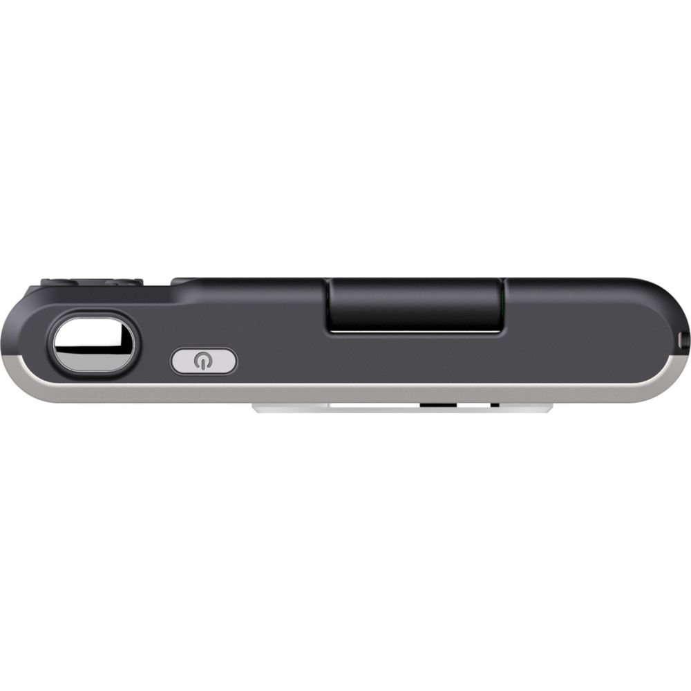 Szare i srebrne urządzenie z przyciskiem zasilania i portem ładowania.