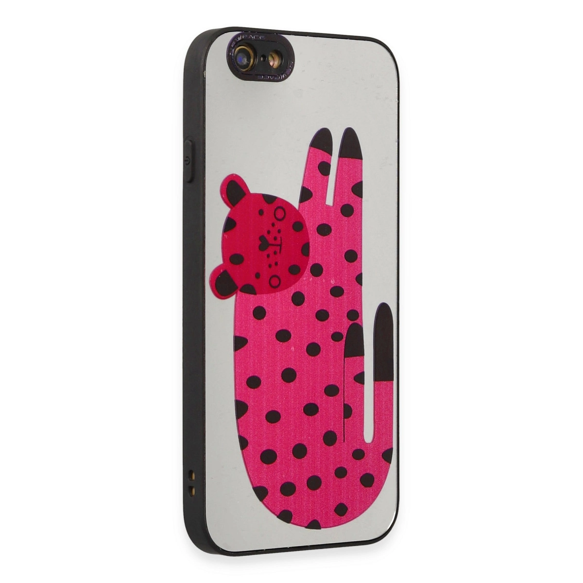 Siyah puantiyeli pembe bir leoparı olan iPhone kılıfı.