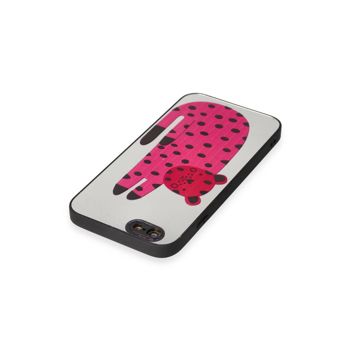 Siyah puantiyeli pembe leopar desenli gri telefon kılıfı.