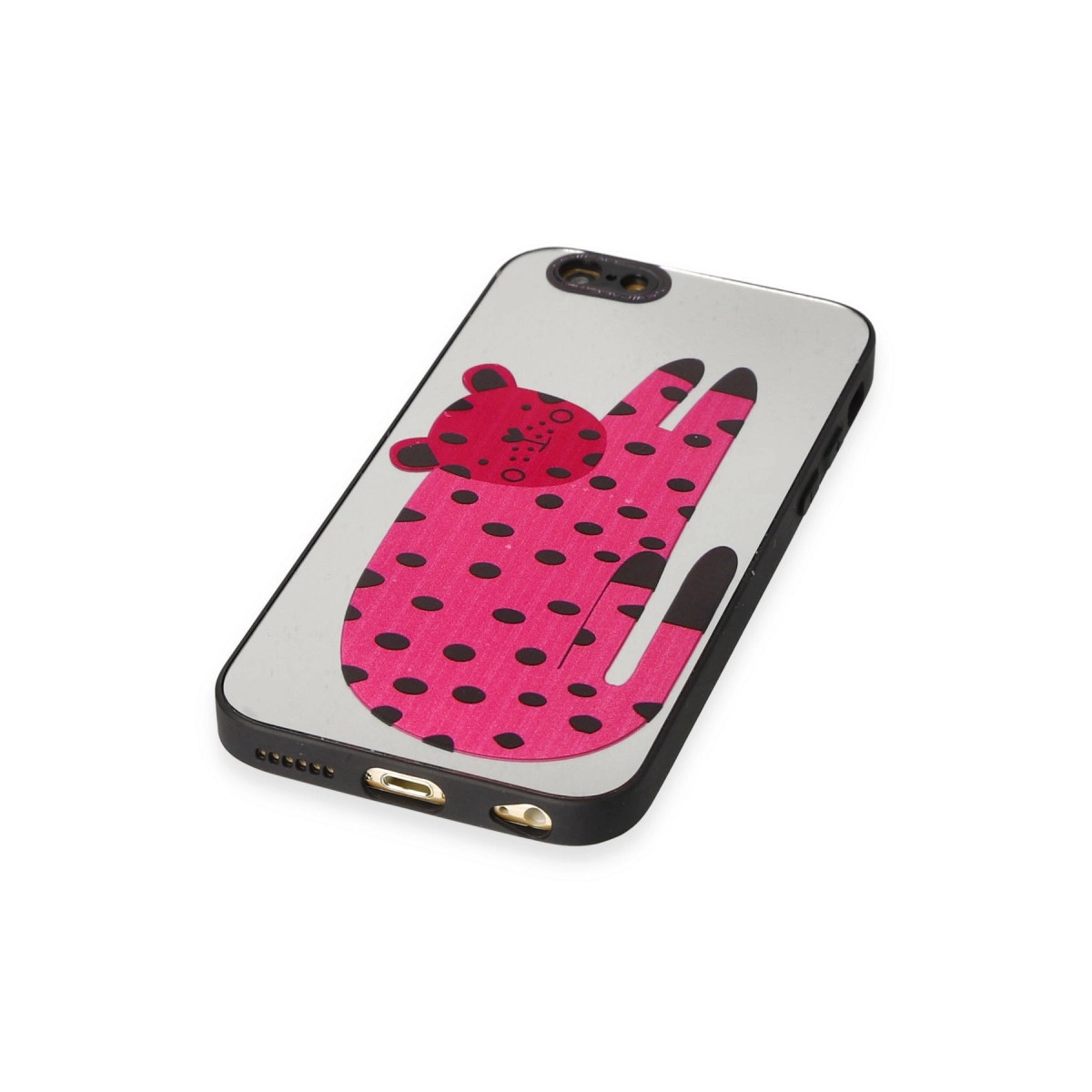 Telefon kılıfında siyah puantiyeli pembe bir leopar.