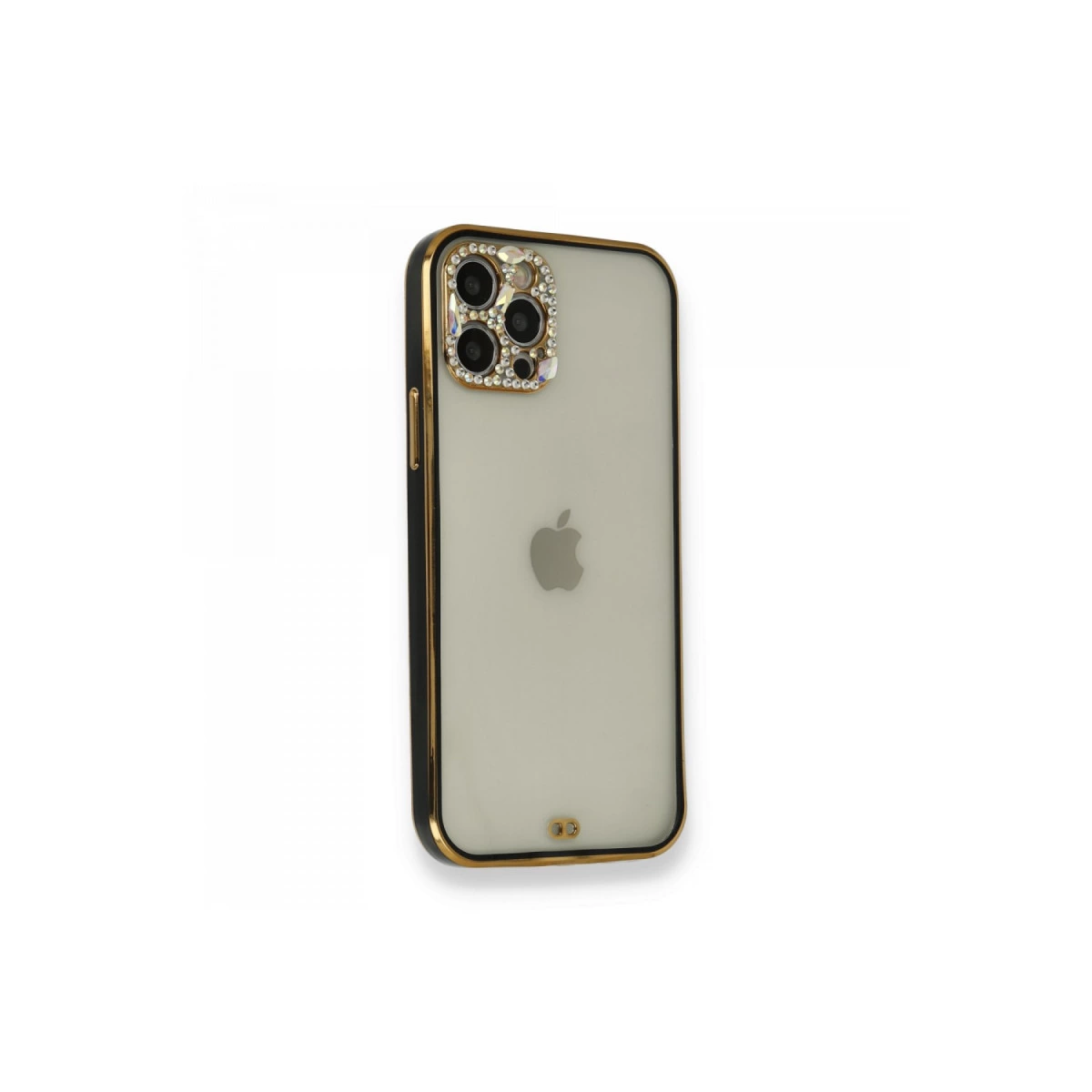 Altın çerçeveli, siyah kenarlı ve taşlarla süslü kamera lensli bir iPhone.