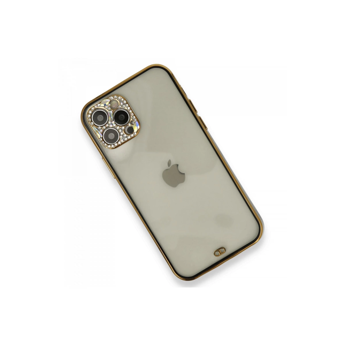 Altın kenarlı ve etrafı taşlı beyaz iPhone.