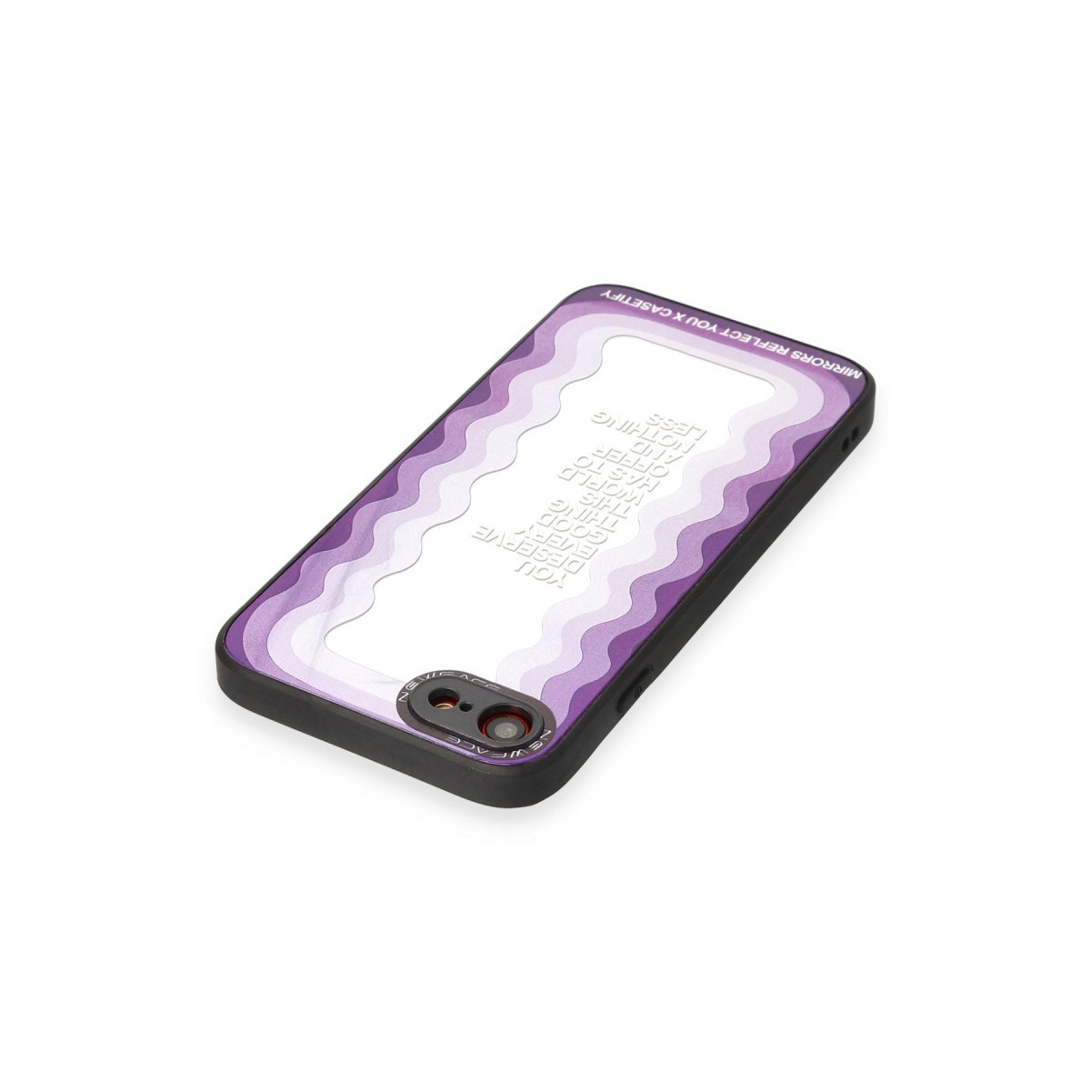 Mor dalgalı desenli, metinli telefon kılıfı.