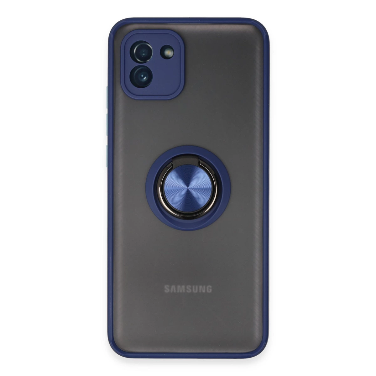 Mavi çerçeveli ve halkalı koyu gri telefon kılıfı.
