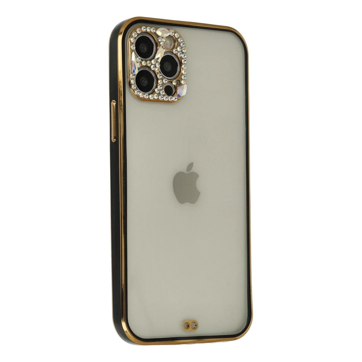 Altın süslemeli ve mücevherli kamera yuvalı şeffaf iPhone kılıfı.