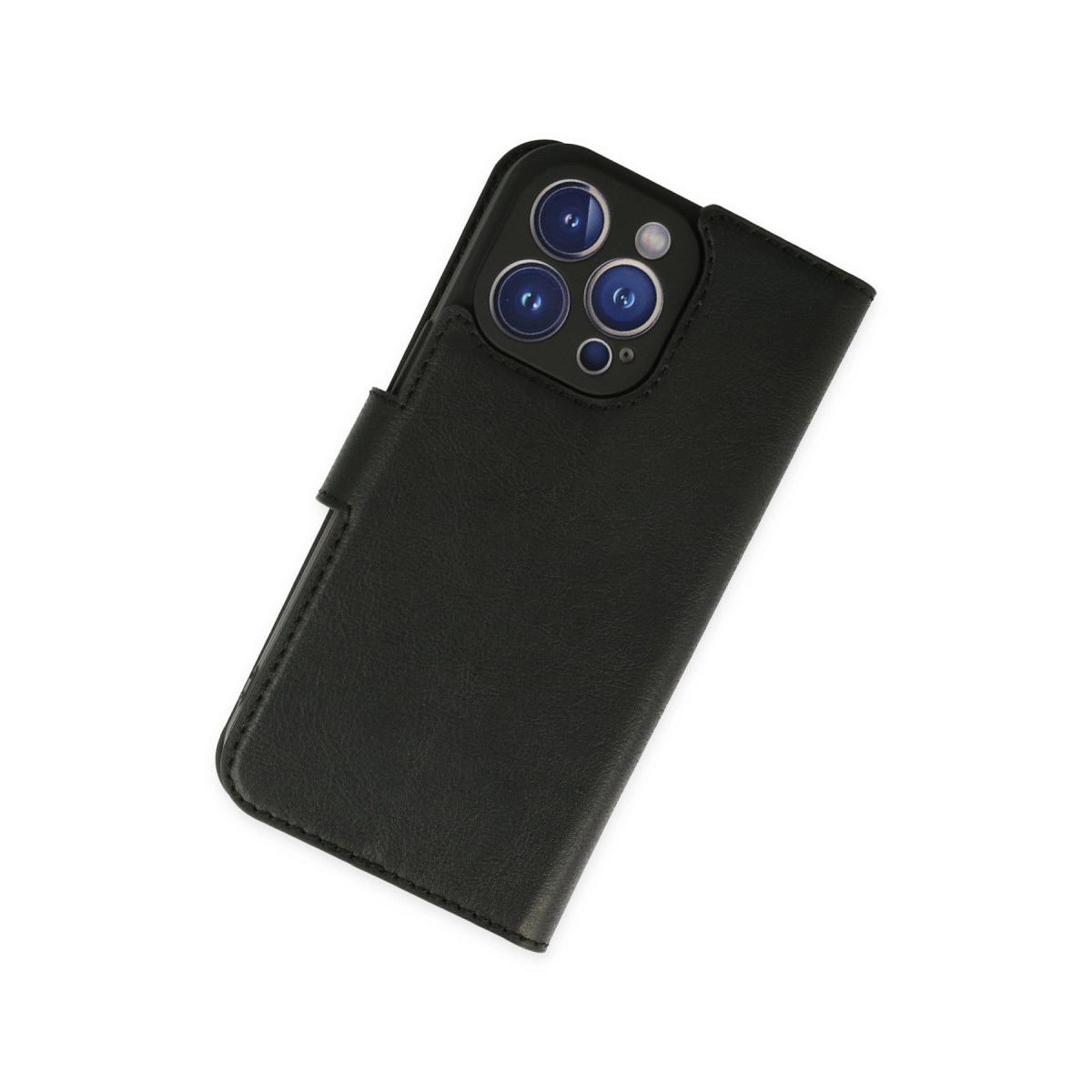 Üç kamera lensli akıllı telefon için siyah deri kapaklı kılıf.