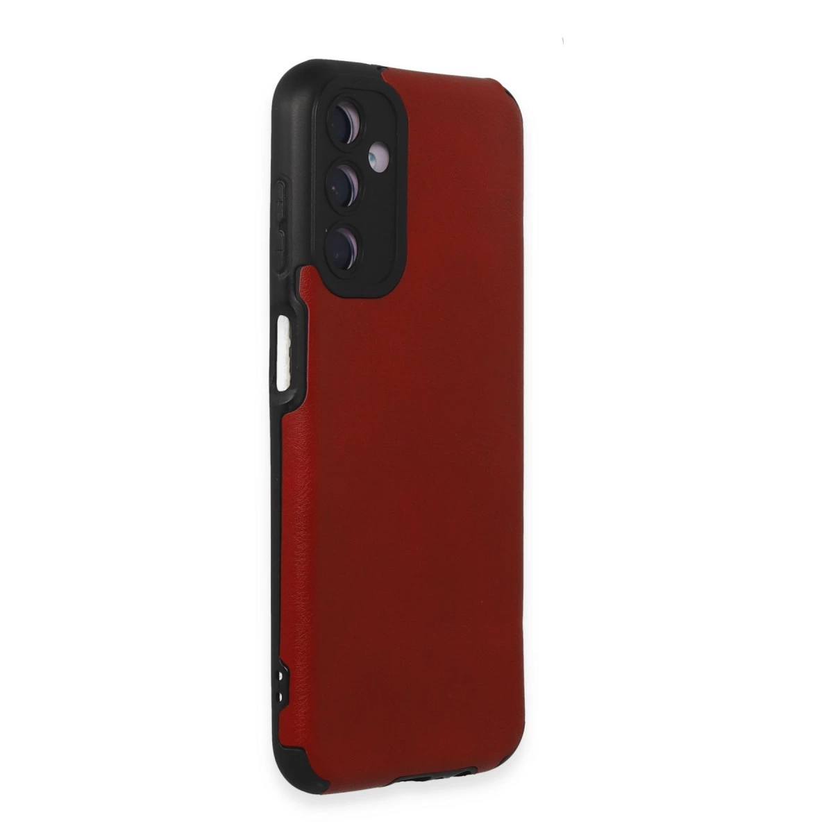 Siyah çerçeveli ve kamera alanlı kırmızı telefon kılıfı.
