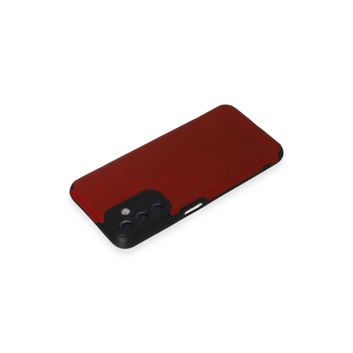 Siyah kamera çerçeveli kırmızı telefon kılıfı, beyaz zeminde duruyor.