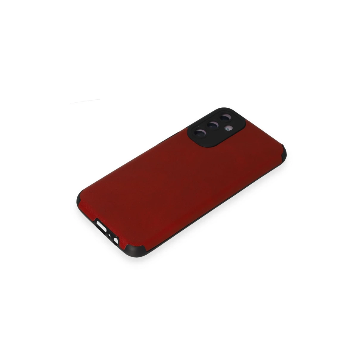 Siyah kamera çıkıntılı kırmızı telefon kılıfı, beyaz arka planda.