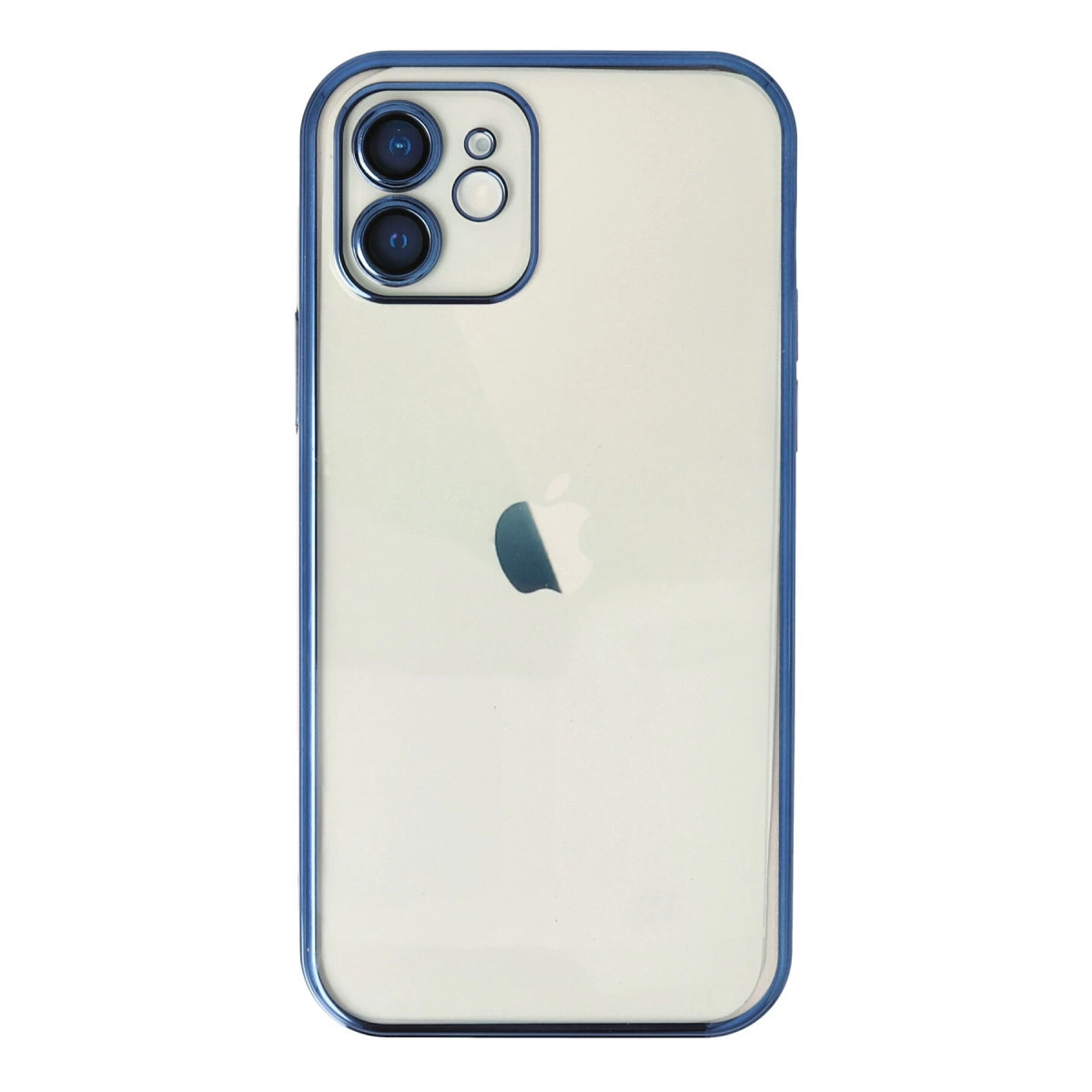 Mavi çerçeveli ve Apple logolu iPhone'un arkası.