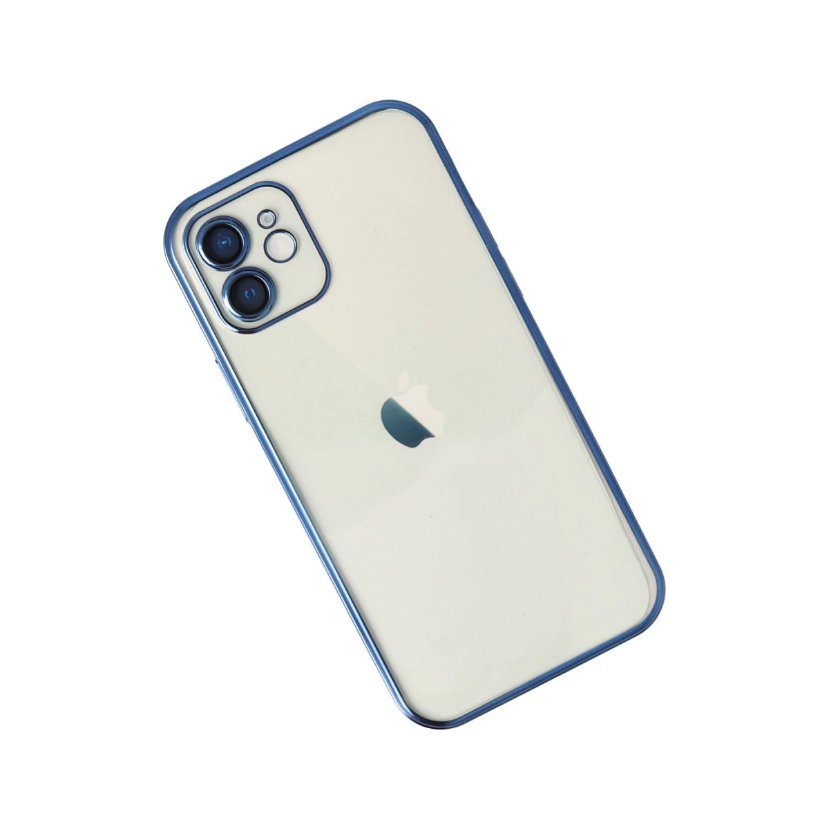 iPhone gösteren mavi kenarlı şeffaf telefon kılıfı.