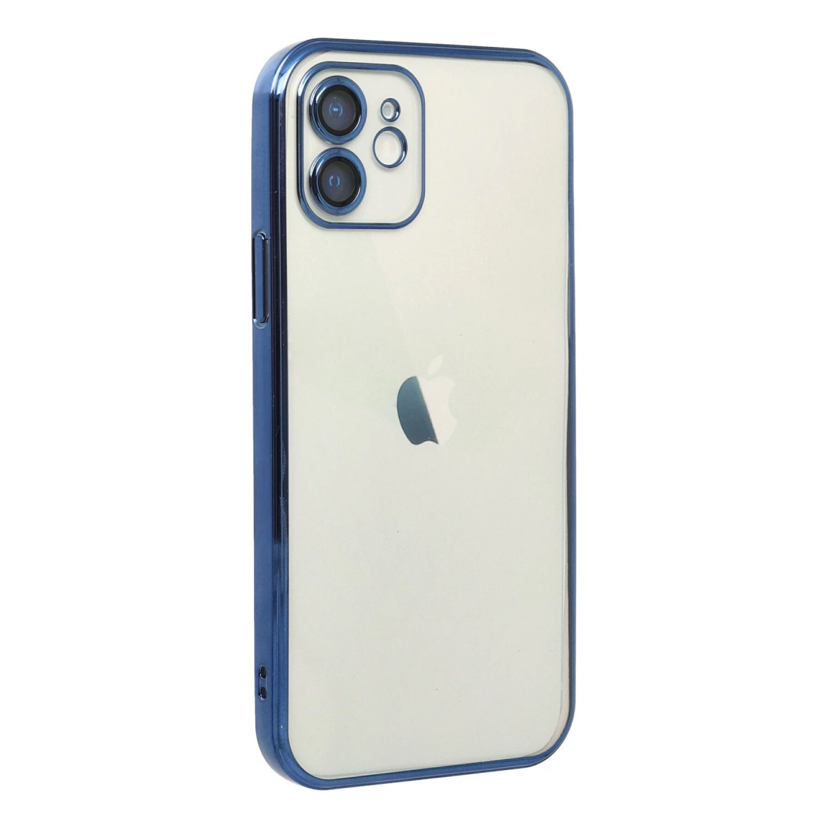 Mavi çerçeveli ve şeffaf arkalı iPhone kılıfı, kamera lenslerini gösteriyor.