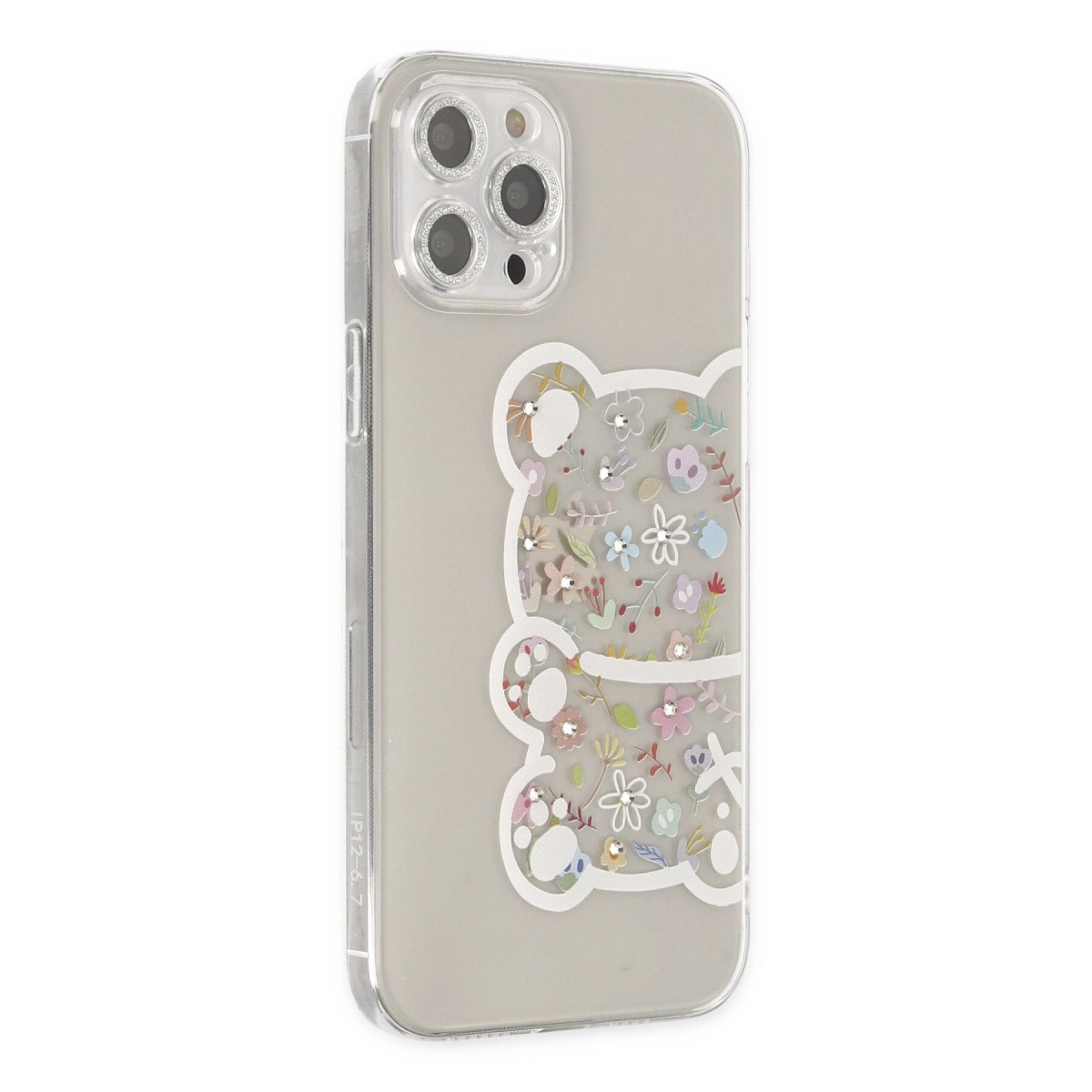Ayıcık ve çiçek desenli şeffaf telefon kılıfı. Açık renkler.