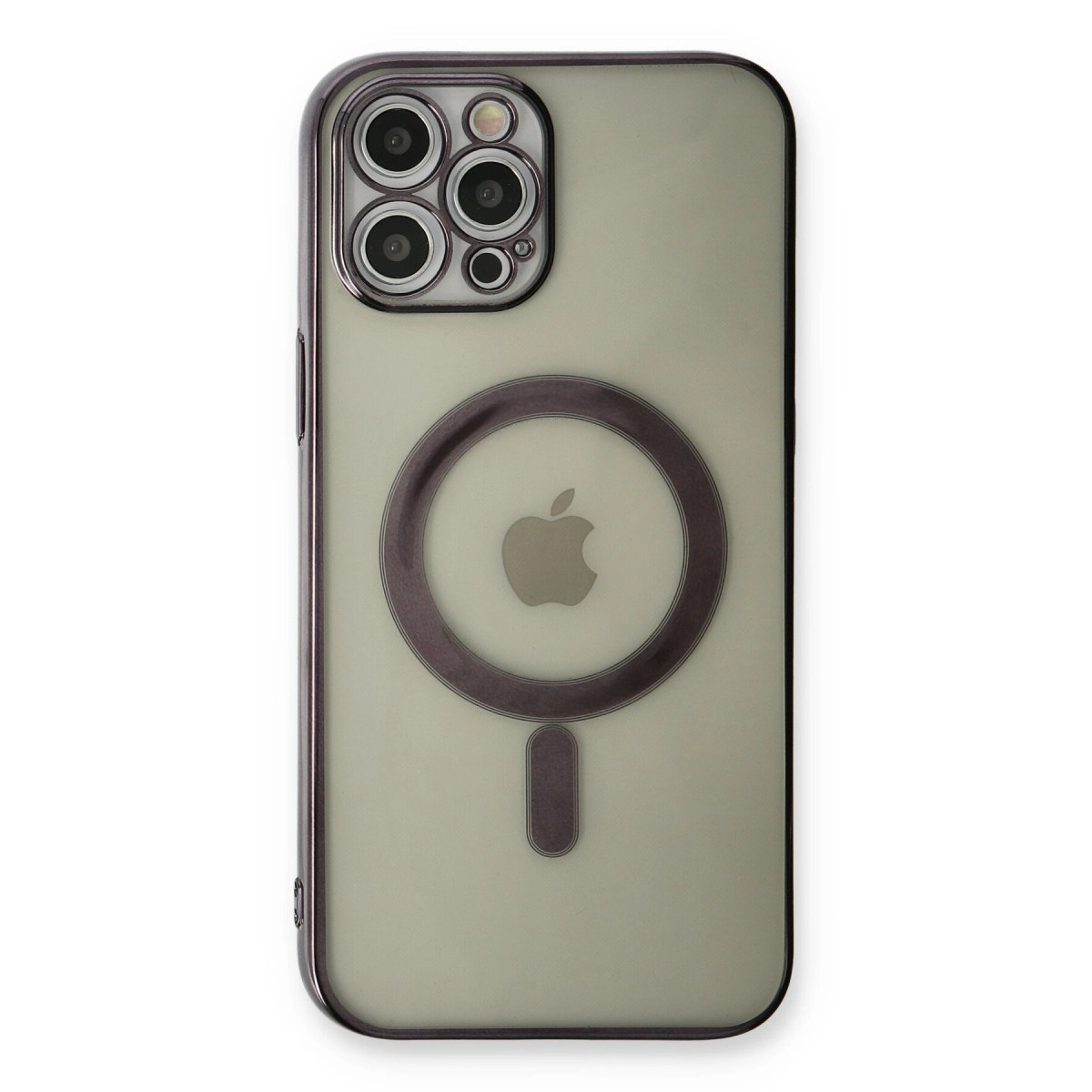 Beyaz arka plan üzerinde Apple logosu ve kamera dizilimi olan şeffaf telefon kılıfı.