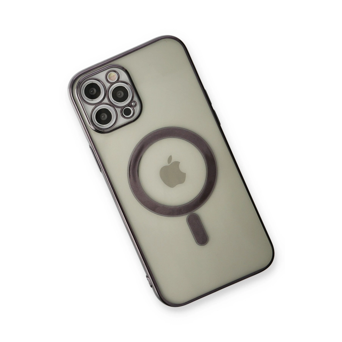 Apple logosu ve MagSafe halkası olan şeffaf iPhone kılıfı.