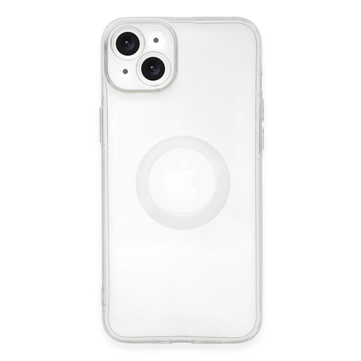 Çift kameralı ve Apple logosu görünen şeffaf telefon kılıfı.