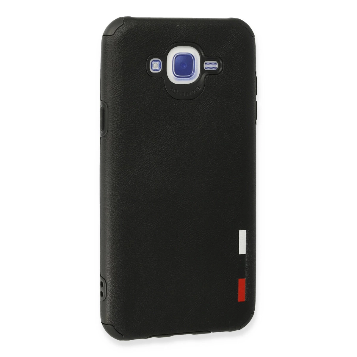 Kamera ve üç dikey şeritli (beyaz, kırmızı, beyaz) siyah telefon kılıfı.