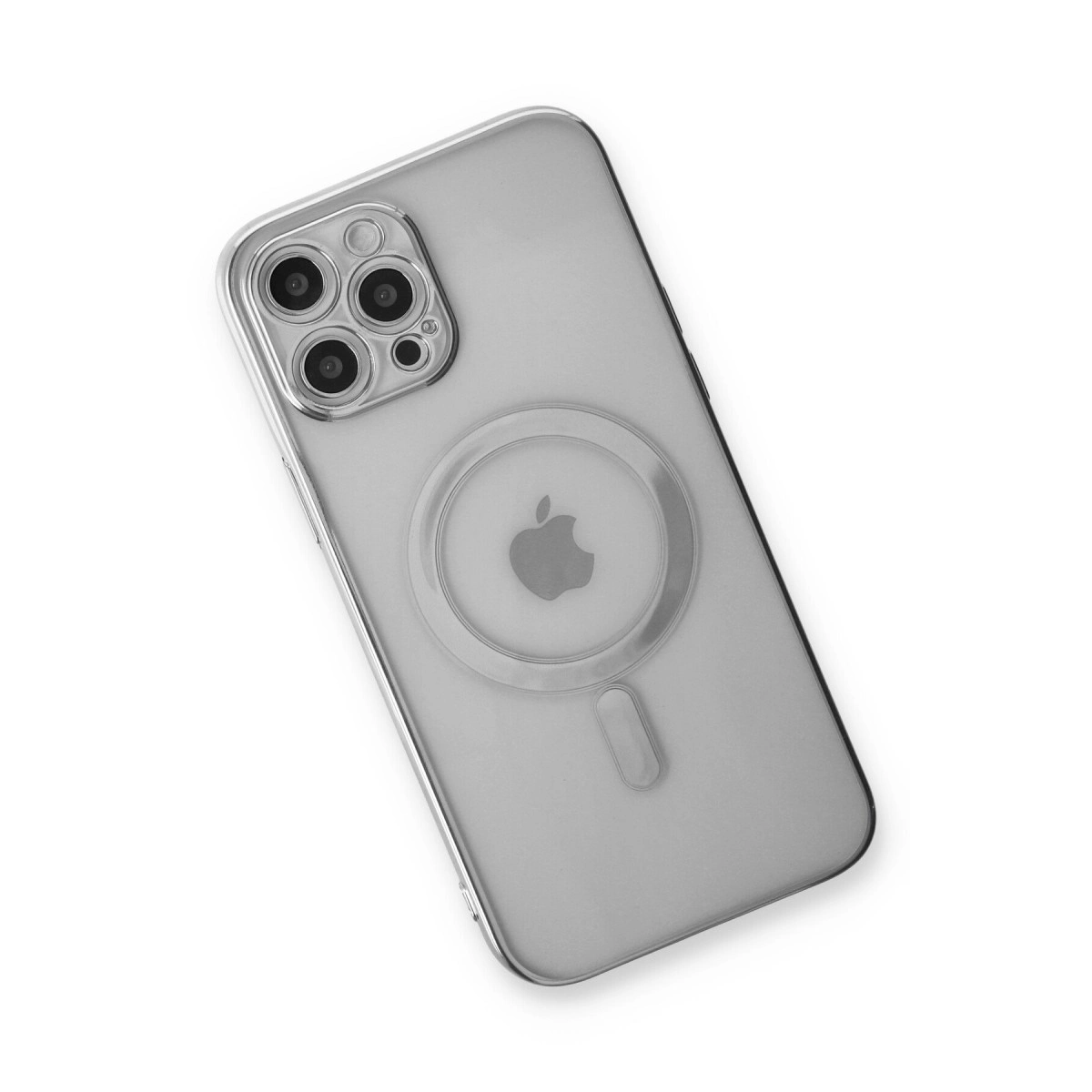 Beyaz arka plan üzerinde Apple logosu ve dört kamerası olan şeffaf telefon kılıfı.