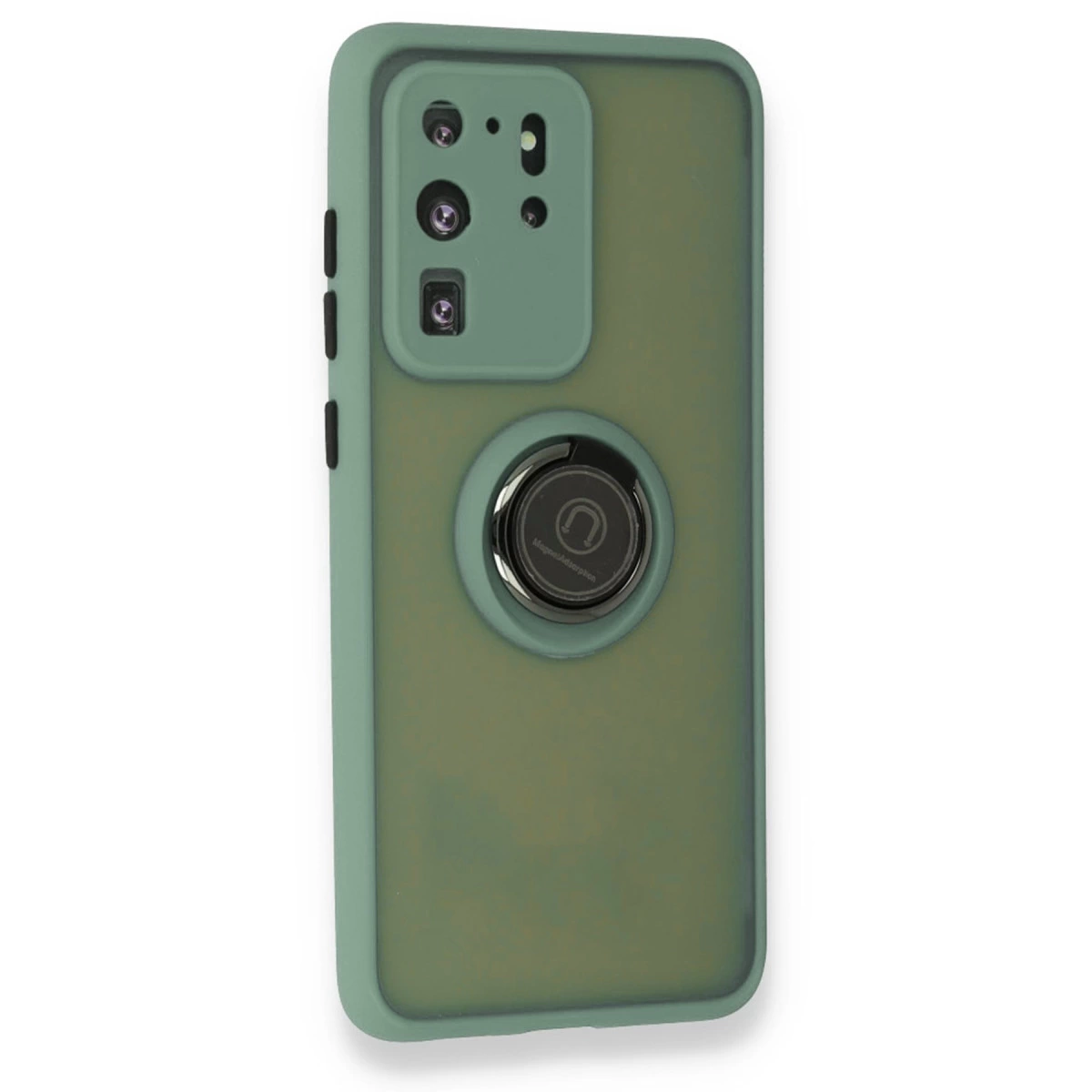 Halka tutuculu yeşil telefon kılıfı ve kamera lensleri.