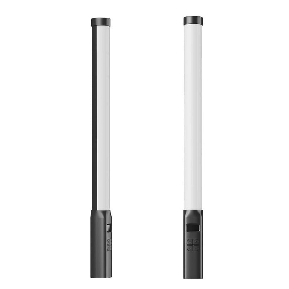 Dwie białe lampy rurowe z ciemnymi uchwytami i przyciskami sterującymi.