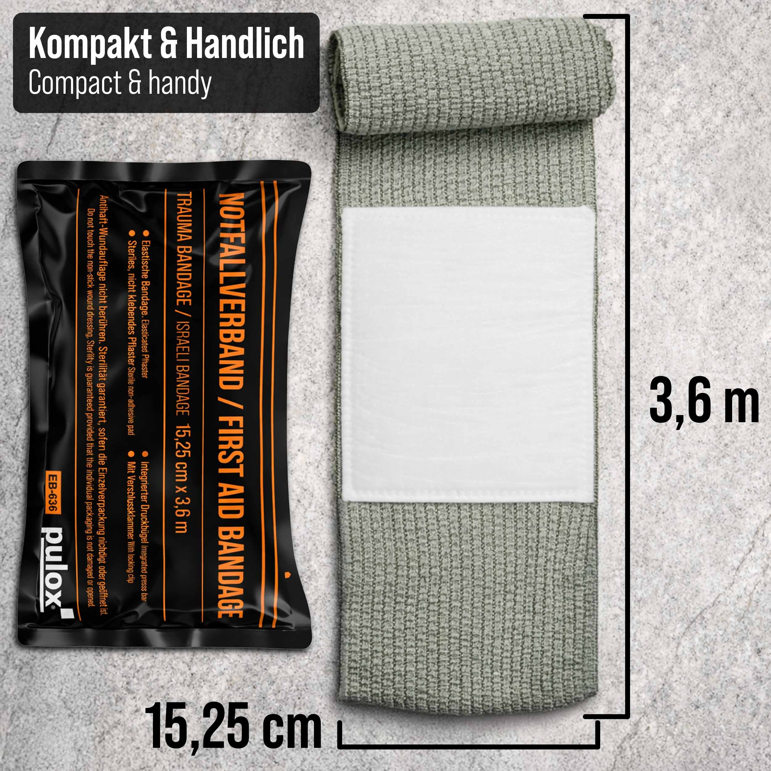Ein Erste-Hilfe-Verband aus Stoff mit einem Verbandpad und Klettverschluss.