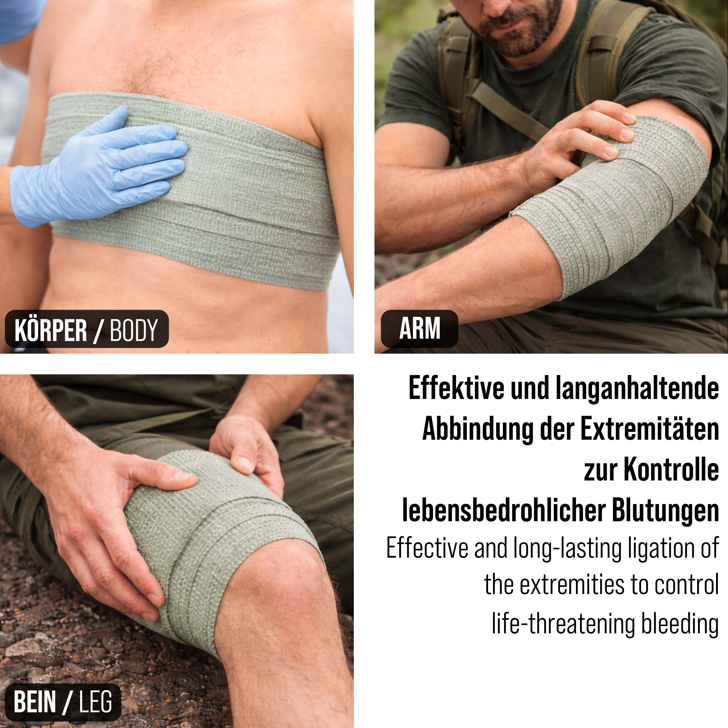 Verband wird am Körper, Arm und Bein angelegt. Text über Blutstillung.