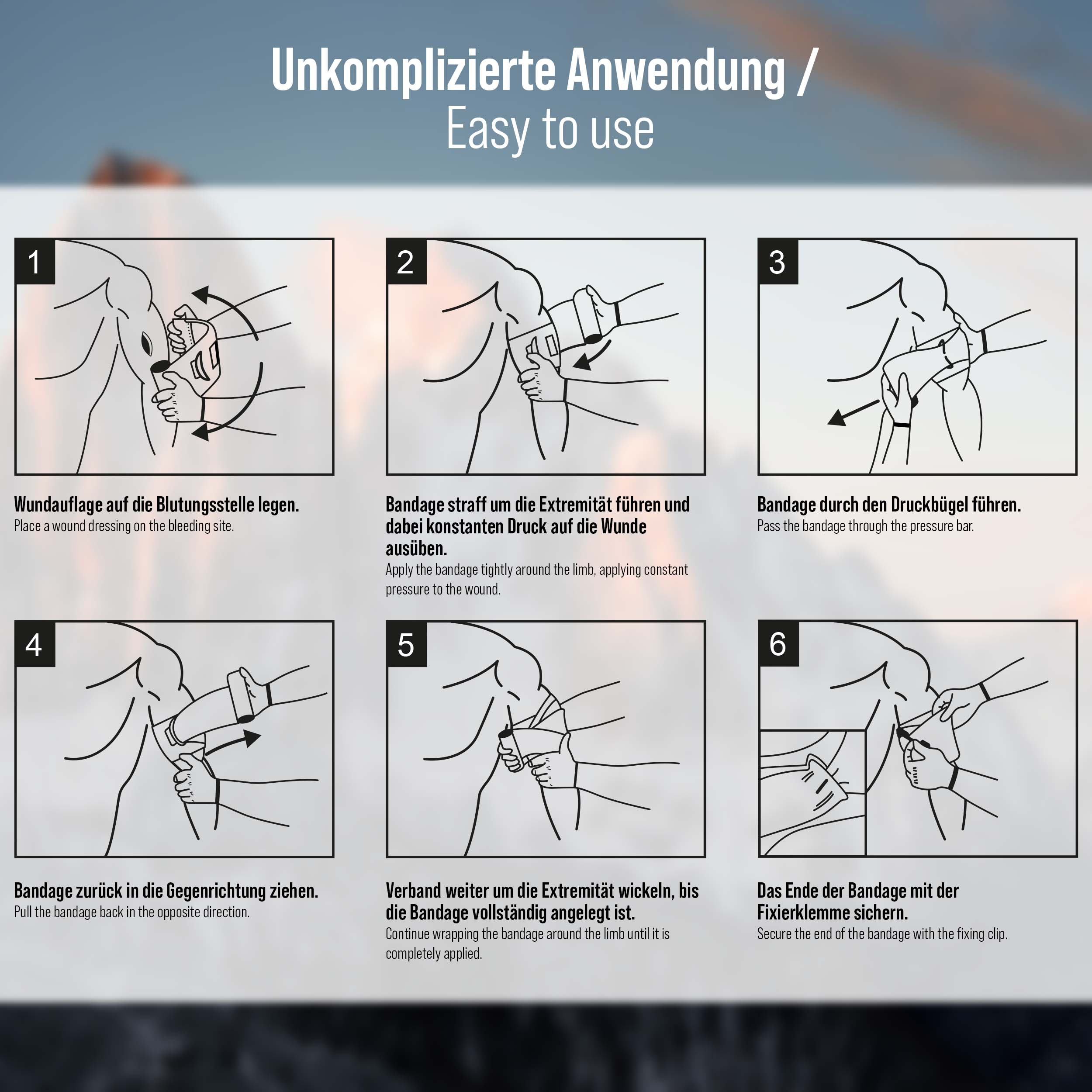 6 Schritte zur Anwendung einer Bandage mit Druckbügel.