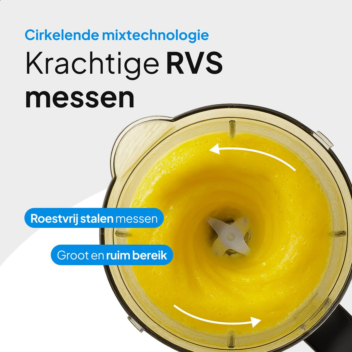 Een blender met gele inhoud en cirkelvormige pijlen die beweging aangeven.