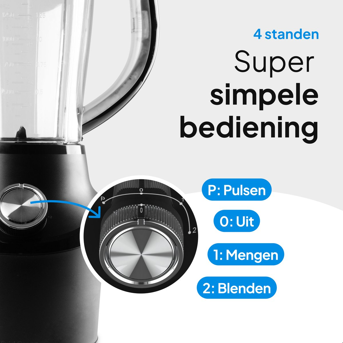 Zwarte blender met instructies en bedieningsinstellingen.