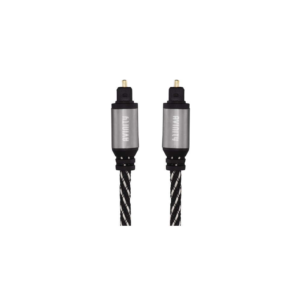 Dwa cyfrowe kable audio optyczne z wtyczkami i czarnym oplotem.