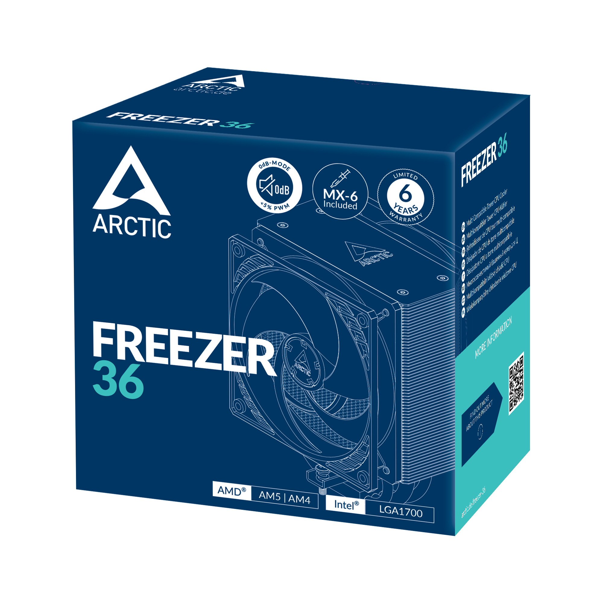 ARCTIC Freezer 36 CPU cooler box with fan, MX-6 paste, 6-year warranty.