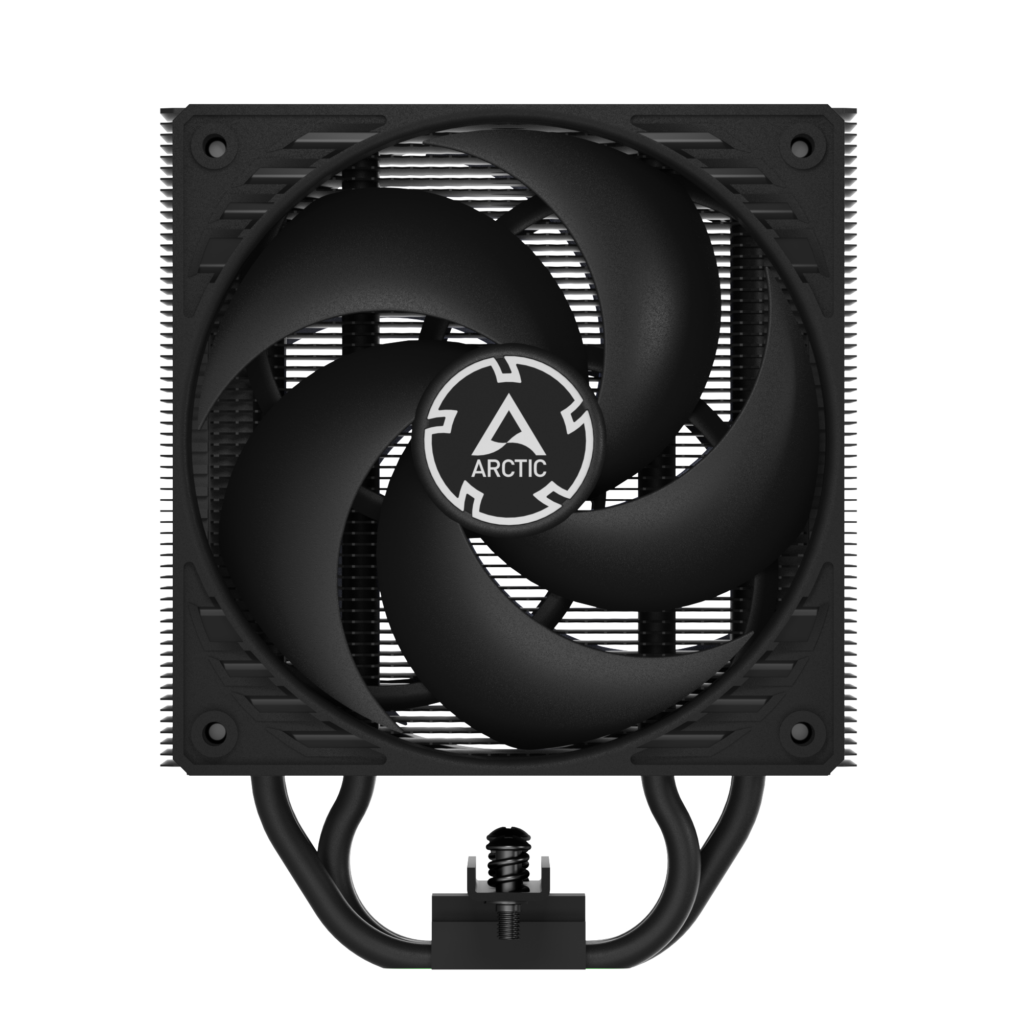 Black CPU cooler with fan and heat sink fins.